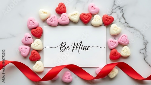 Wallpaper Mural Heartfelt Be Mine message surrounded by candy hearts and red ribbon on marble surface Torontodigital.ca