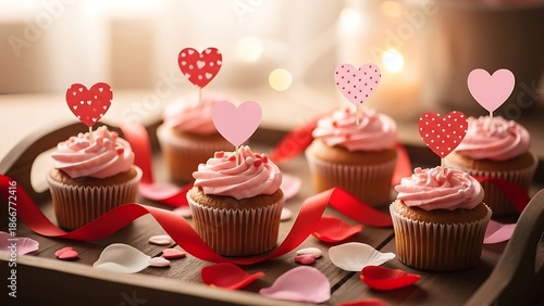 Wallpaper Mural Cupcakes with Heart Decorations and Red Ribbon on a Tray Torontodigital.ca