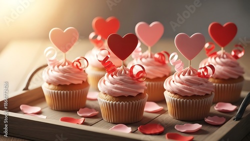 Wallpaper Mural Heart-themed cupcakes with pink frosting and red decorations on a tray scattered with heart-shaped confetti, captured from a slightly elevated viewpoint, referencing the number 7. Torontodigital.ca