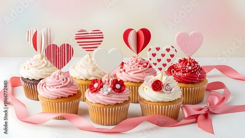 Wallpaper Mural Cupcakes with hearts and cherries displayed on a white surface with pink ribbon 7 56 Torontodigital.ca
