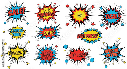 Comic Book Style Sale Badges and Explosions Deals, Discounts, and Special Offers