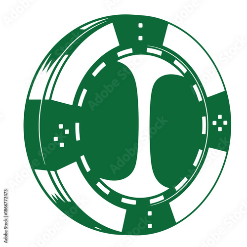 Green poker chip with white details isolated on transparent background