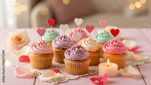 Wallpaper Mural Cupcakes with colorful frosting and heart decorations on a pink table with candles and flowers around them in a cozy setting Torontodigital.ca