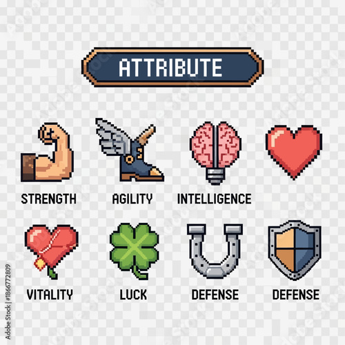 A detailed collection of pixel art icons representing essential RPG game statistics for character development and engaging gameplay interfaces, perfect for enhancing retro-style video game designs