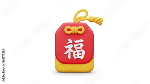 A vibrant 3D rendering of a traditional Asian good luck charm, featuring the character for 'blessing' and 'fortune' in white on a red background, symbolizing prosperity and positive energy