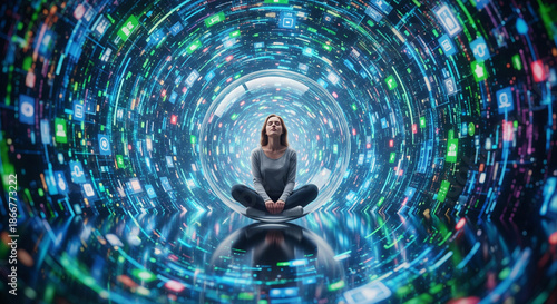 Woman meditating in a digital vortex of data streams and interconnected icons, representing the flow of information and digital consciousness
