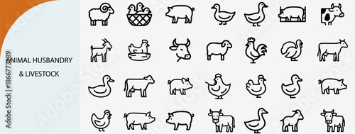 animal husbandry and livestock farming outline icons, agriculture animal vector