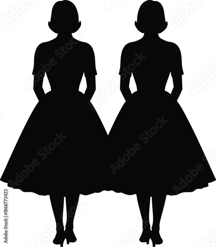 Elegant twin women silhouette illustration in classic dress fashion style isolated black vector design for vintage beauty concept artwork
