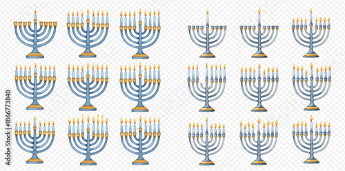 Set of Hanukkah menorahs with lit candles, traditional Jewish holiday symbols on transparent background.