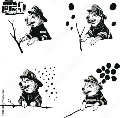 A collection of four illustrations depicting dogs dressed as firefighters holding small branches and a fire engine