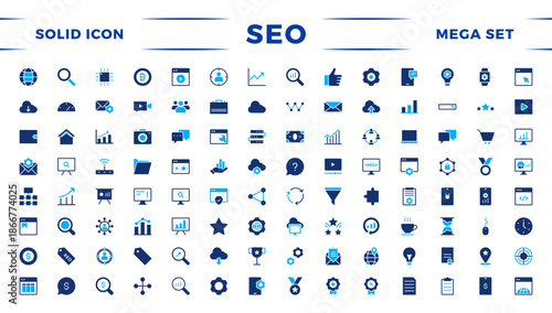 SEO solid icon set. Search Engine Optimization icon collection. Containing business and marketing, traffic, ranking, optimization, link, and keyword.