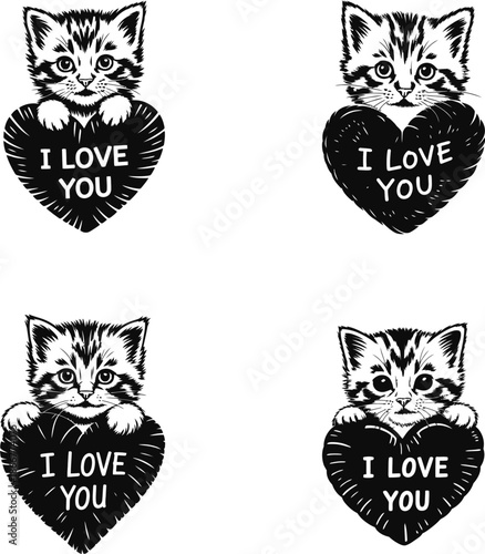 An adorable striped kitten peeks over a black heart saying I Love You