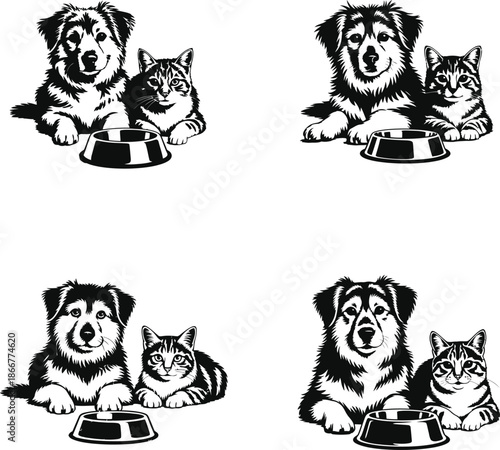 Friendly dog and cat companions sitting together with an empty food bowl
