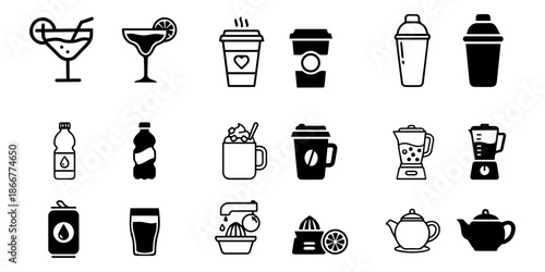Collection of coffee and beverage icons in black and white