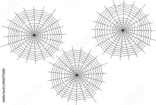 Spider web line art illustration set with three cobweb designs minimalist black outline vector isolated on white background for decoration
