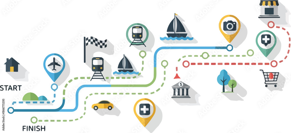 Obraz premium Visualizing a Journey: Start to Finish with Diverse Transportation and Landmarks.