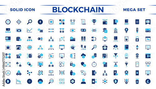 Blockchain technology solid icon set. Cryptocurrency icons element. Containing blockchain, node, distribution, decentralized finance, encryption, tokens, white paper, and wallet icon collection.