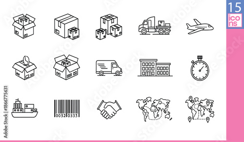 Black and white logistics and shipping icons set, including boxes, vehicles