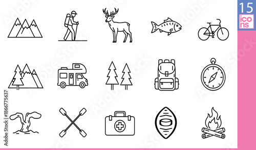 Black and white outdoor activity and nature icons set, including hiking
