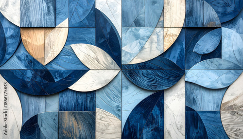 Abstract blue and white mosaic design with leaf-like shapes
