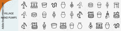 village hand pumps and water well icons, rural plumbing vector