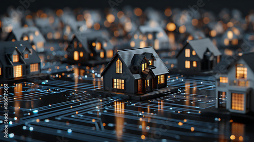 Smart homes in a futuristic neighborhood with glowing windows