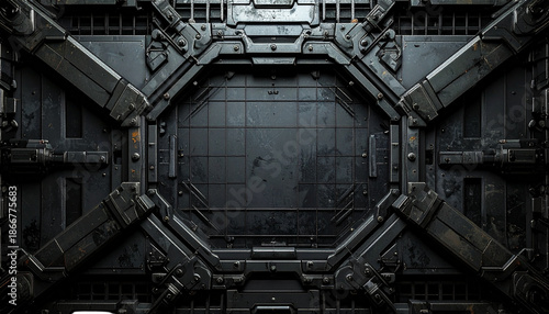 Industrial, metallic wall with intricate, geometric details