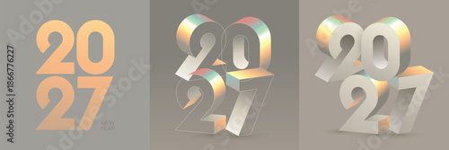 2027 New Year Celebration 3D Text Collection Featuring Orange, Holographic, and Silver Metallic Typography Styles on Gray Background