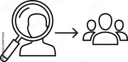 Magnifying glass over person icon leading to group icon.