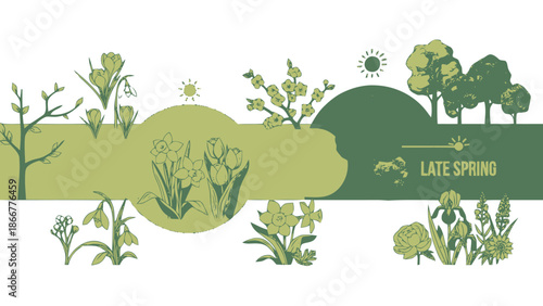 Vibrant Late Spring Landscape Banner with Blooming Flowers, Trees, Sun, and Cute Rabbits