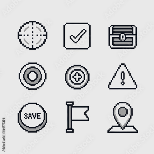 A versatile collection of retro-style pixel game icons, perfect for crafting engaging user interfaces and immersive digital experiences in various gaming genres, enhancing visual appeal for players