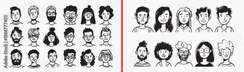 character head illustration, cartoon face drawings, human avatar set, people character pack, expressive face icons, portrait illustration vector, modern face sketches, character clipart collection, fa