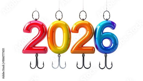 Colorful 2026 numbers suspended from fish hooks against black