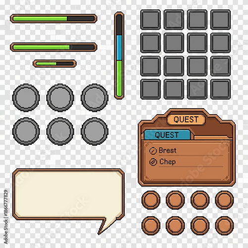 Collection of game interface elements including progress bars, coins, speech bubble, and quest menu on a transparent background