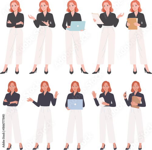 Business woman character set in professional office poses holding laptop and documents for corporate presentation flat vector illustration