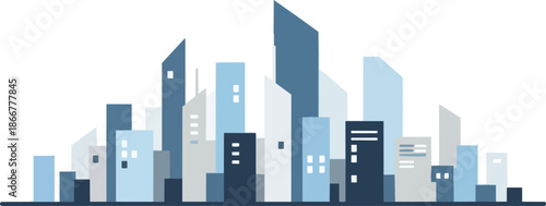 Modern Cityscape Silhouette with Geometric Buildings in Shades of Blue.