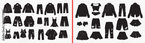 female apparel silhouettes, women fashion items, dress skirt top vector, modern clothing illustration, outfit design elements, fashion silhouette pack, women outfit icons, apparel clipart set, fashion