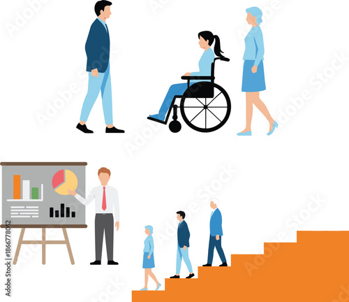 Flat vector illustration of diverse business people including a woman in a wheelchair, professional presentation with data charts, and employees climbing stairs for career growth and corporate success