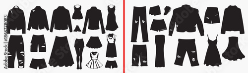 women clothing silhouettes, female outfit vector, fashion apparel shapes, dress top skirt icons, women wardrobe illustration, clothing design elements, fashion clipart pack, garment silhouette set, mo