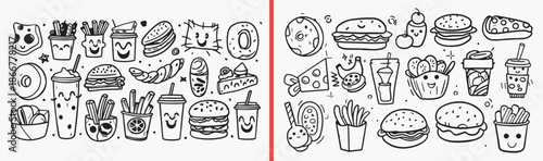 food doodle illustration, snack hand drawn icons, fast food sketch art, cute food drawings, meal illustration vector, food clipart collection, kitchen doodle elements, cartoon food set, culinary illus