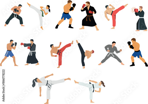 Large Collection of Diverse Martial Arts Fighters and Boxers Performing Karate Taekwondo Kickboxing and MMA Combat Sports Poses Vector