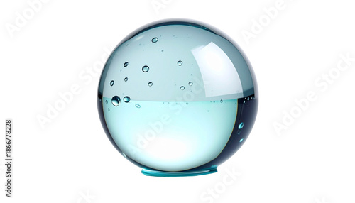 A transparent orb half-filled with water and bubbles, on a black background