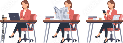 Professional businesswoman character set working at desk using laptop reading newspaper and checking smartphone in office flat vector illustration