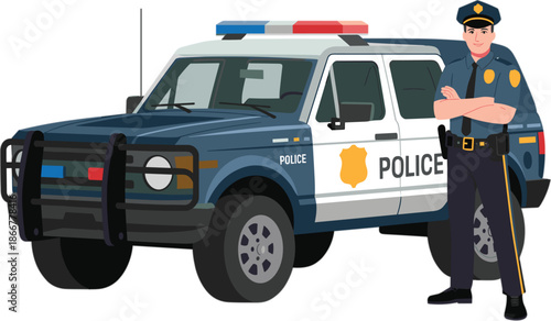 Professional male police officer in uniform standing with arms crossed next to a patrol car for law enforcement