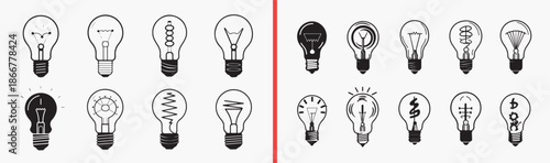 light bulb icons, idea symbol illustrations, innovation graphic elements, energy lamp vector, creative thinking icons, electricity concept symbols, bulb silhouette pack, startup idea graphics, inspira