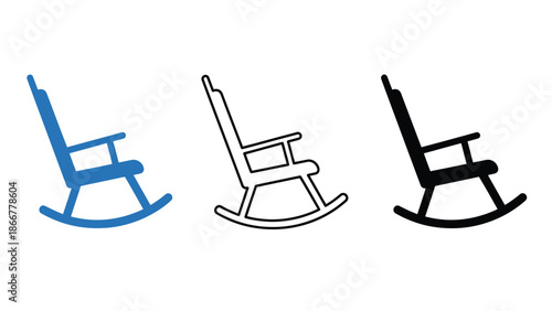 Three rocking chairs in blue, black, and white colors