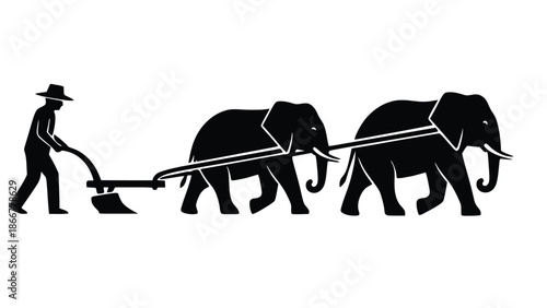 Man plowing with elephants in traditional farming scene