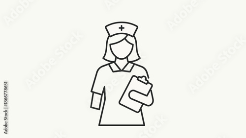 Nurse Icon Holding Medical Chart Simple Line Art.