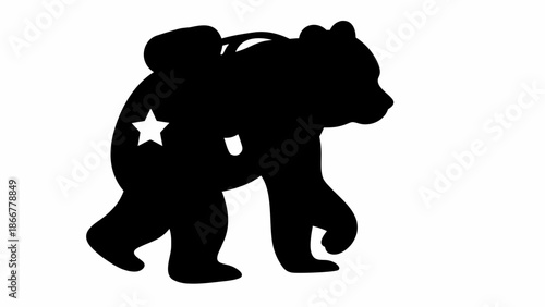 Black bear silhouette with star and backpack walking