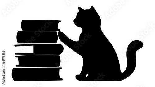 Curious cat reaching for stack of books on floor